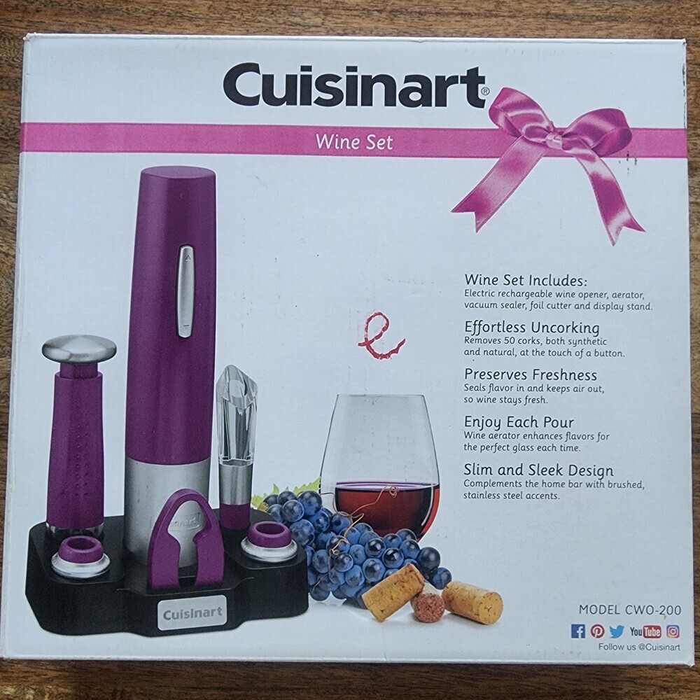 Cuisinart Wine Set Purple Rechargeable Opener Aerator Vacuum Sealer CWO-200 New